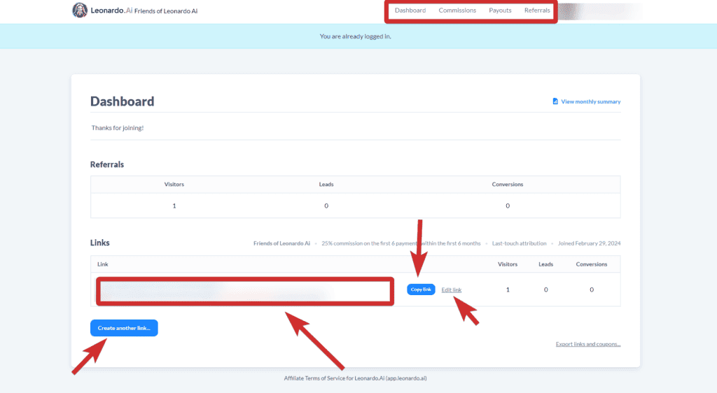 Leonardo ai affiliate program dashboard