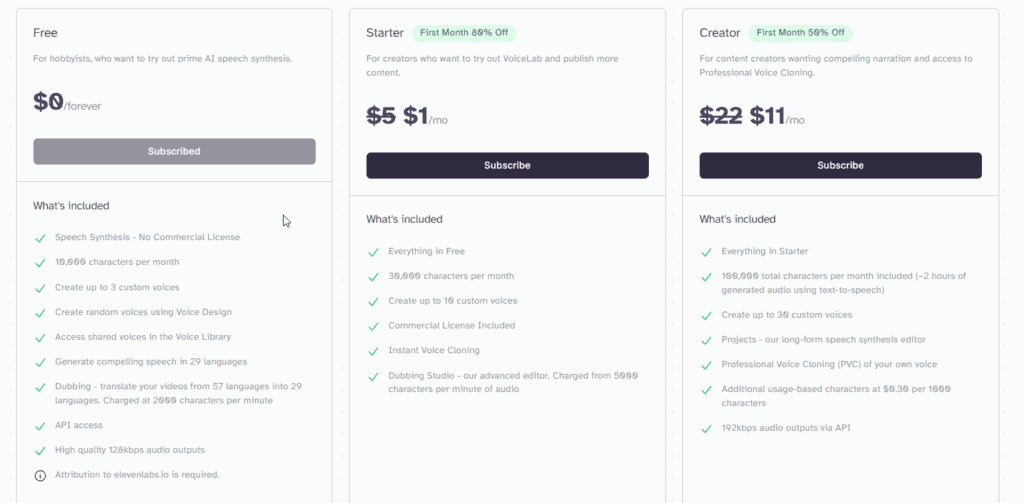 Elevenlabs Pricing ai voice generator 1 1