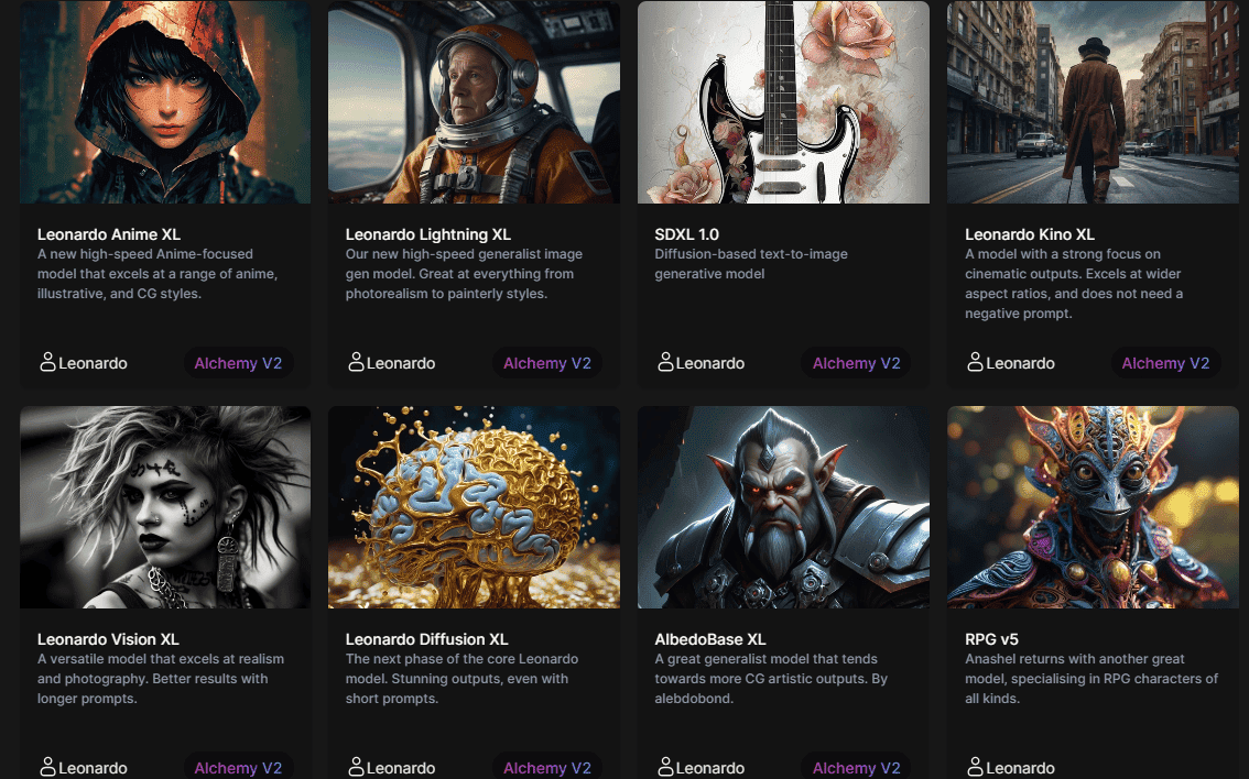 leonardo ai finetuned models page1