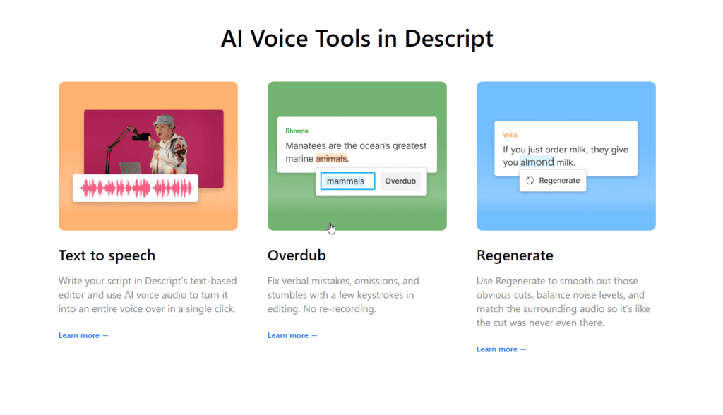 Descript AI Voice generation software suite