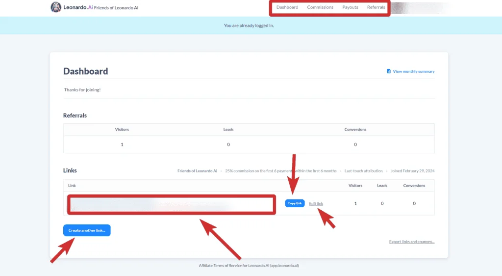 Leonardo ai affiliate program dashboard