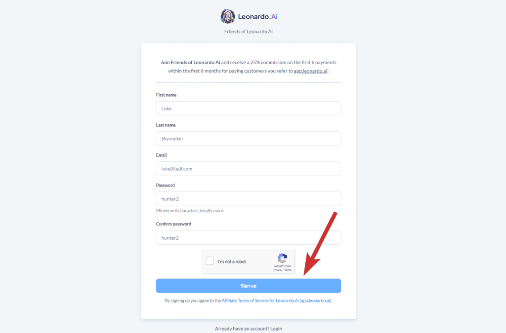 Leonardo ai affiliate program form signup