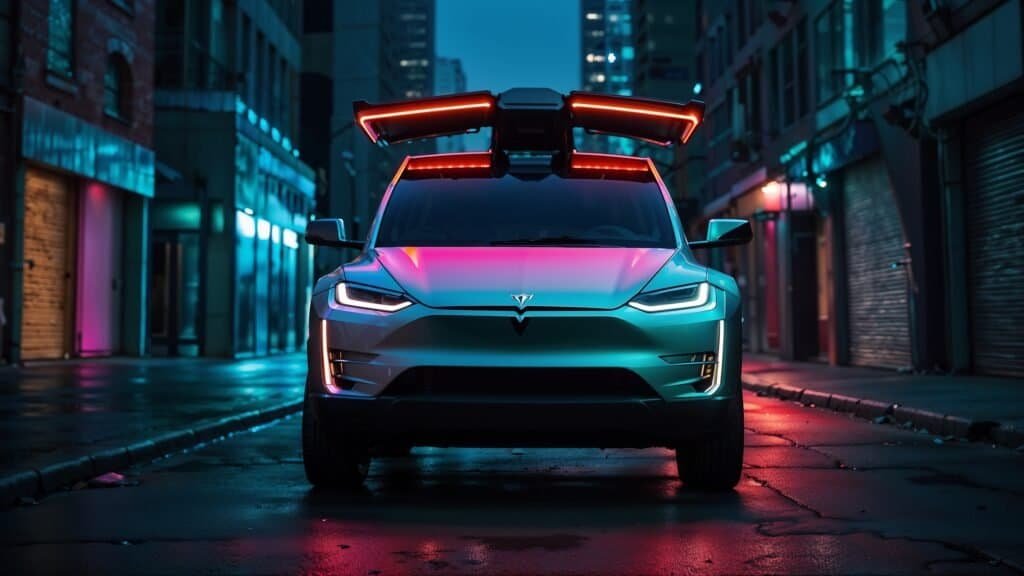 Cinematic photo of a Tesla SUV at night, centered with focus on the front, wet pavement reflecting city lights with colorful neon LED underglow on car doors.